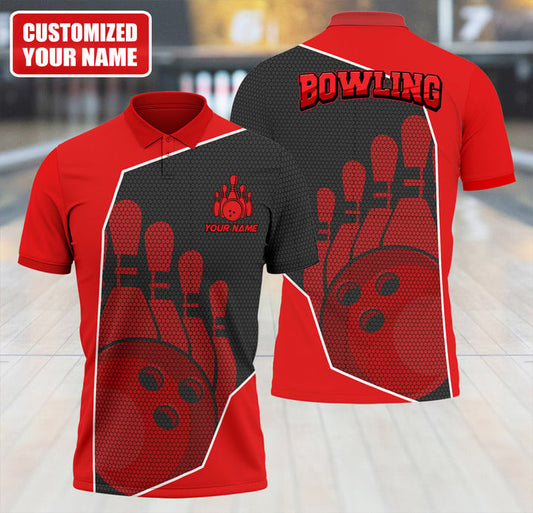 Maxcorners Vintage Bowling Ball And Pins Pattern Multicolor Customized Name 3D Polo Shirt