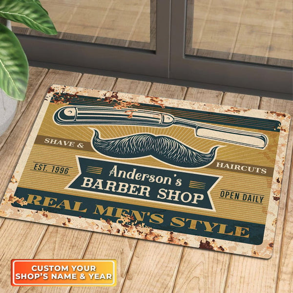 Maxcorners Barber Shop Real Men's Style Doormat Personalized Name & Year