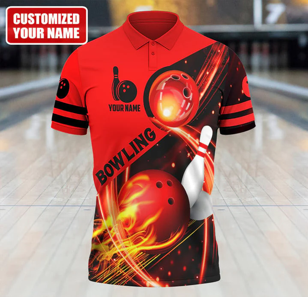 Maxcorners Red Bowling Fire Customized Name 3D Shirt