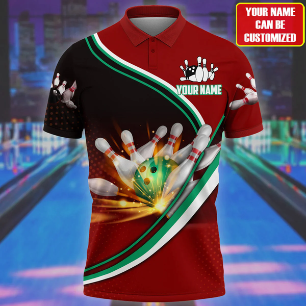 Maxcorners Green Bowling Ball And Pins Red Black Customized Name 3D Shirt