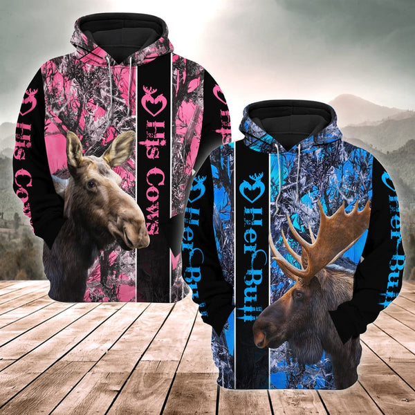 Maxcorners Moose Hunting-Combo Hoodie Couple 3D All over Printed Unisex (Blue/Pink) HM - Shirts