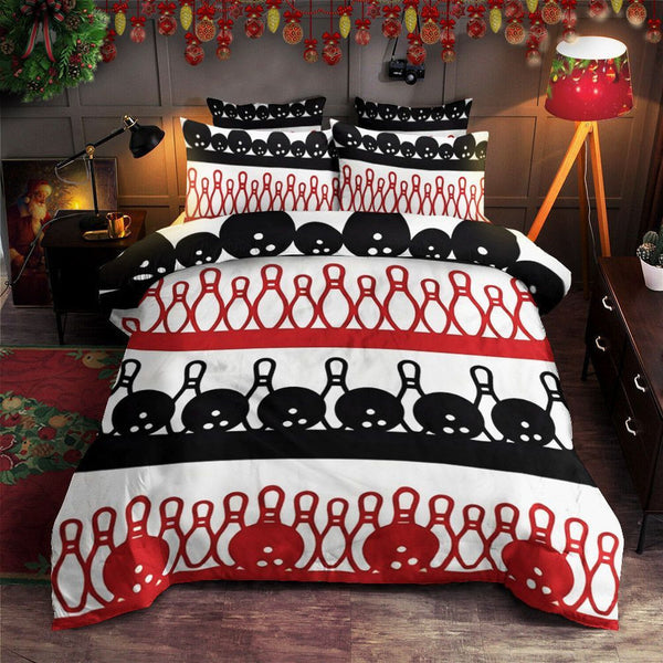 Maxcorners Red And Black Bowling Ball And Pins Pattern 3D Bedding Set