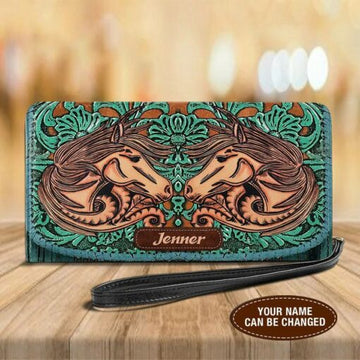 Maxcorners Western Turquoise Floral Horse Personalized Clutch