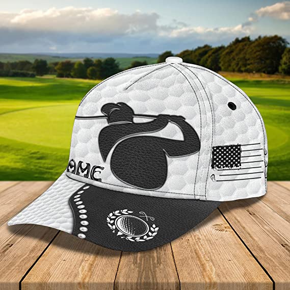 Maxcorners Golf Player Black And White Leather Classic Customized Name All Over Printed Cap