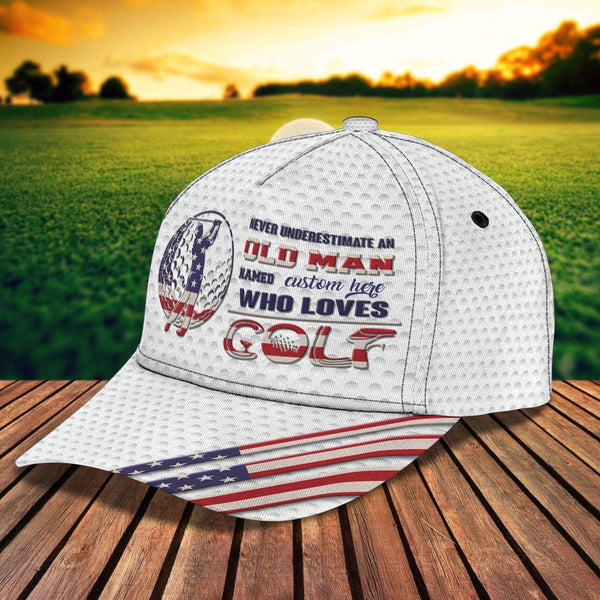 Maxcorners Golf Lover White USA Flag CLassic Customized Name All Over Printed Cap