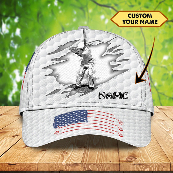 Maxcorners Golf Player White USA Flag Classic Customized Name All Over Printed Cap