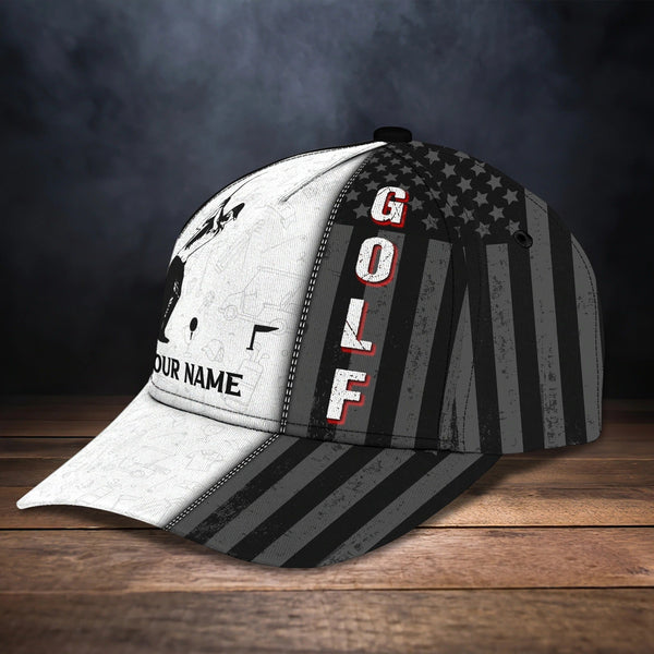 Maxcorners Golf Player Black And White USA Flag Customized Name All Over Printed Cap