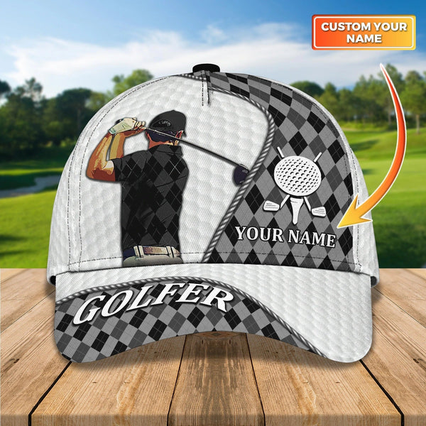 Maxcorners Golf White And Grey Rhombus Pattern Customized Name All Over Printed Cap