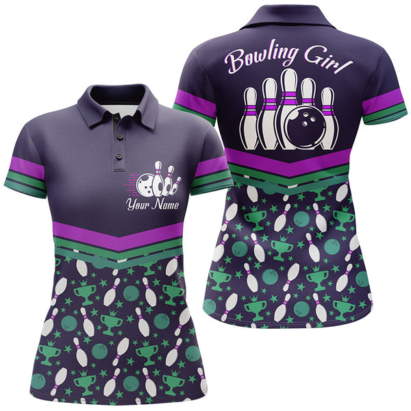 Maxcorners Purple Bowling Ball And Pins Pattern Customized Name All Over Printed Shirt For Women