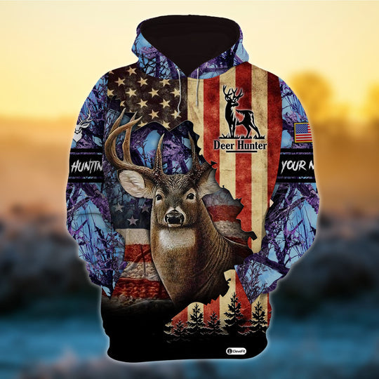 Maxcorners Personalized  American Flag Deer Hunting Hoodies 3D