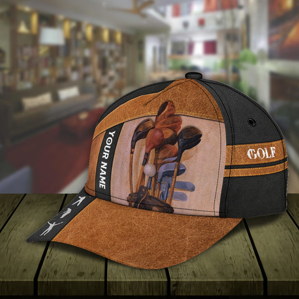 Maxcorners Golf Black And Brown Leather Classic Customized Name All Over Printed Cap