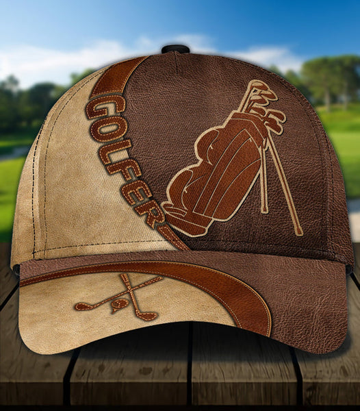 Maxcorners Golf Brown Leather Classic Customized Name All Over Printed Cap