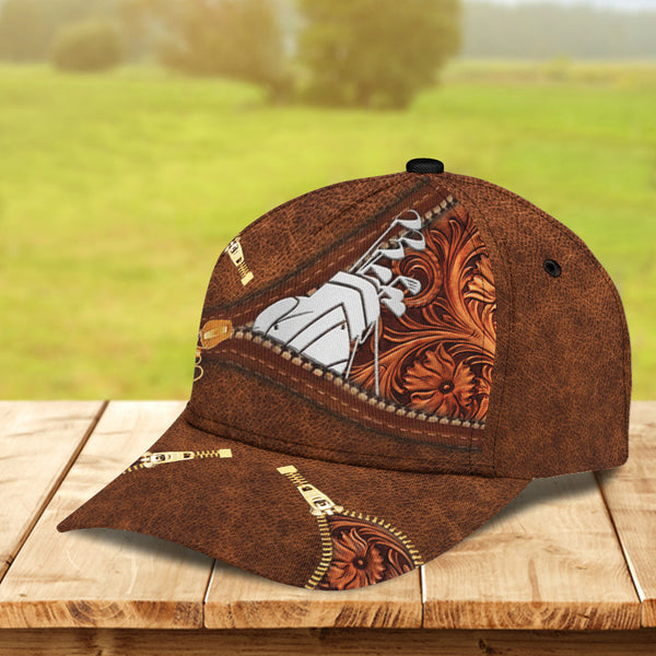 Maxcorners Golf Brown Flower Pattern Leather Customized Name All Over Printed Cap