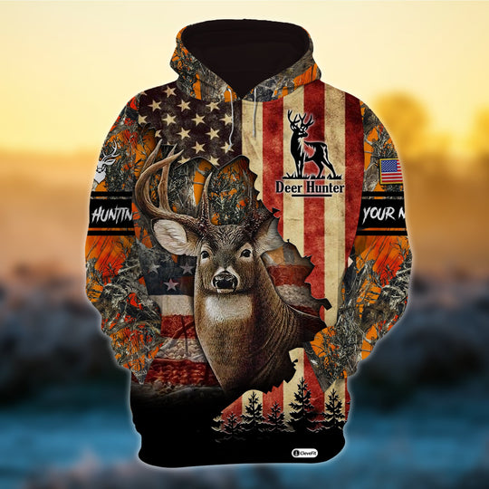 Maxcorners Personalized  American Flag Deer Hunting Hoodies 3D