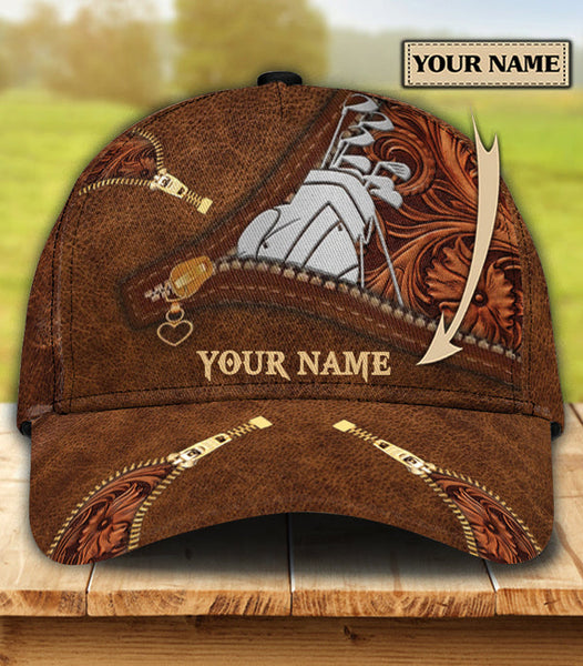 Maxcorners Golf Brown Flower Pattern Leather Customized Name All Over Printed Cap