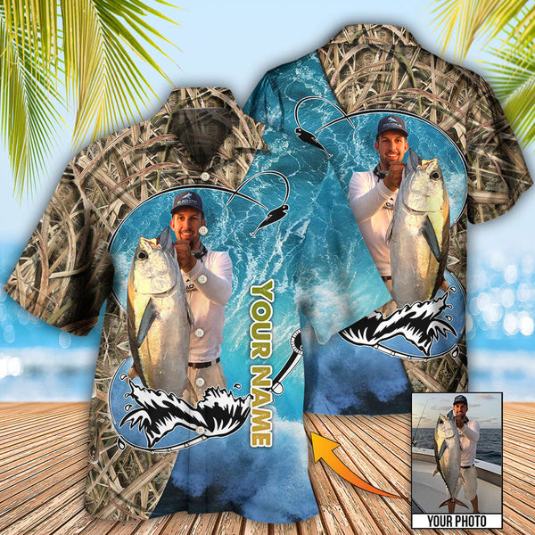 Maxcorners Fishing Blue Water Cool Custom Photo Personalized Hawaiian Shirt