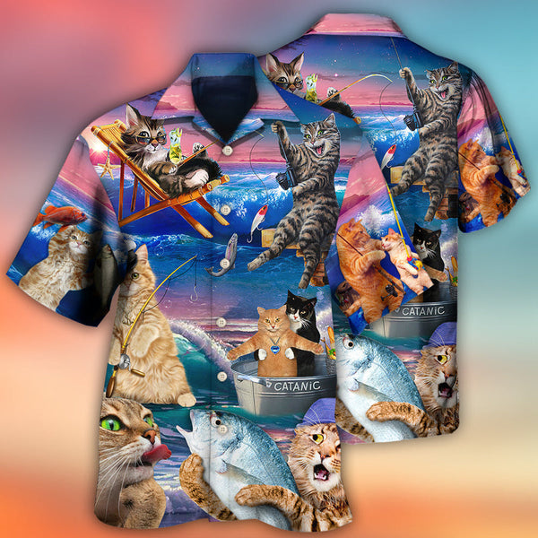 Maxcorners Fishing Cat Cute Beach Art Style Hawaiian Shirt