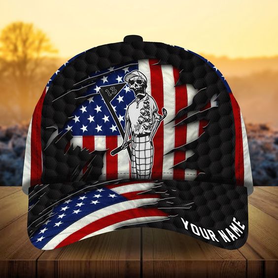 Maxcorners Golf Premium Skull America Flag Personalized Name All Over Printed Cap