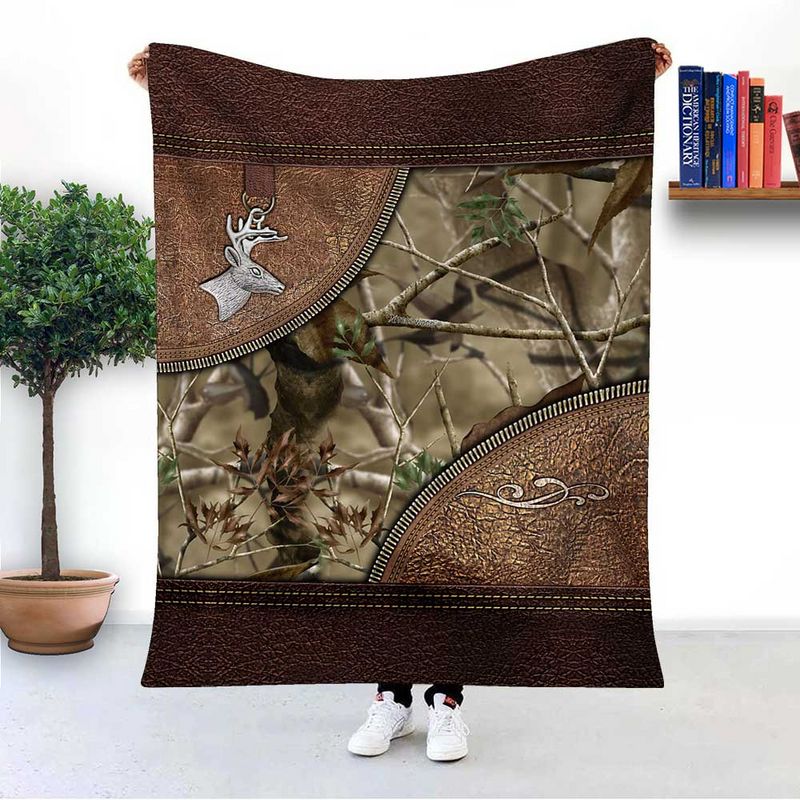 Maxcorners Personalized Deer Hunting Camo Imitation Leather Printing Custom Name - Blanket