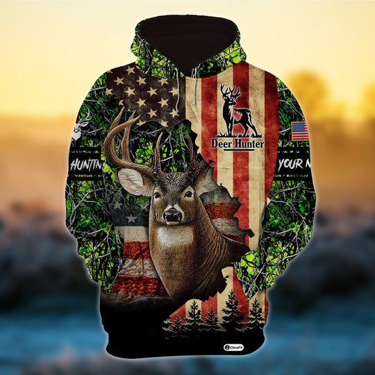 Maxcorners Personalized  American Flag Deer Hunting Hoodies 3D