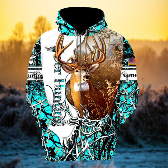 Maxcorners Personalized Hot Unique Deer Hunting 3D Zipper Hoodie