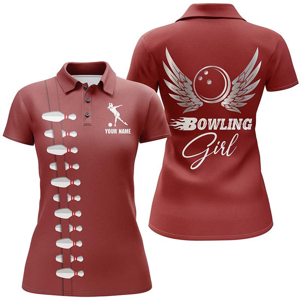 Maxcorners Red Bowling Girl Beautiful Wings Premium Customized Name 3D Shirt For Women