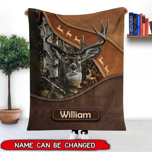 Maxcorners Personalized Deer Hunting Enter Your Name Leather Pattern - Blanket