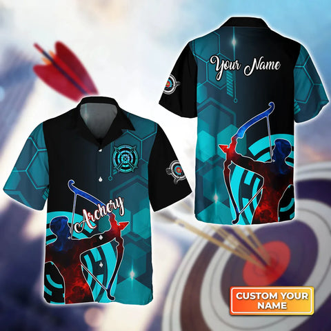 Maxcorners Archery Watercolor Short Sleeve Shirts Personalized Name 3D Target Bow Hawaiian Shirt