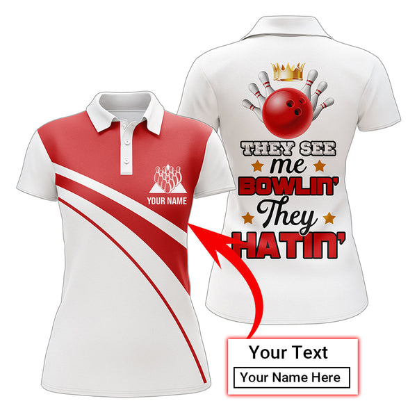 Maxcorners Red & White Bowling Funny They See Me Bowlin' They Hatin' Premium Customized Name 3D Shirt For Women