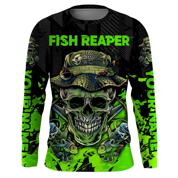 Maxcorners Fish Reaper Skull Black And Neon Green Custom Fishing Shirts