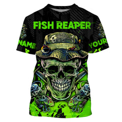 Maxcorners Fish Reaper Skull Black And Neon Green Custom Fishing Shirts