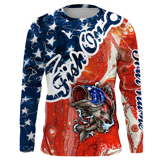 Max Corner Largemouth Bass Fishing American Flag Fish On Custom Long Sleeve performance Fishing Shirts Personalized Christmas Fishing gifts
