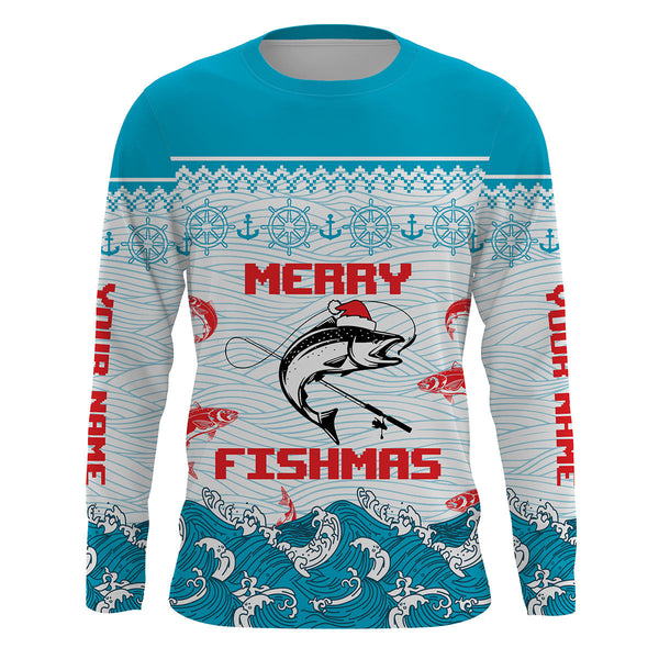 Max Corner Salmon Fishing Funny Merry Fishmas Christmas pattern Custom Long sleeve Fishing Shirts Personalized Christmas Fishing gifts