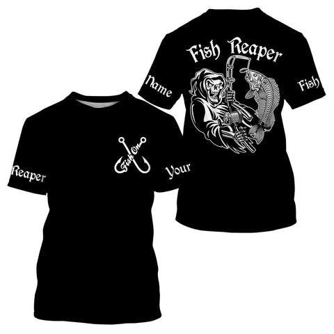 Black Fish Reaper Fish On Fish Skeleton Customize Name Unisex Fishing Shirt