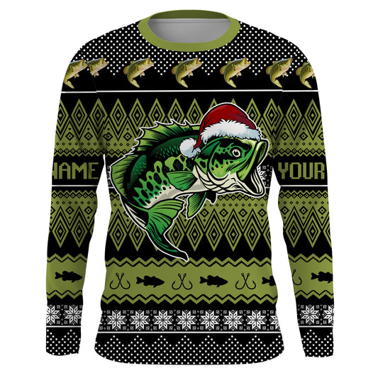 Max Corner Funny Bass Fishing Christmas Green Pattrern Custom Christmas long sleeve Fishing Shirts Personalized Christmas Fishing gifts