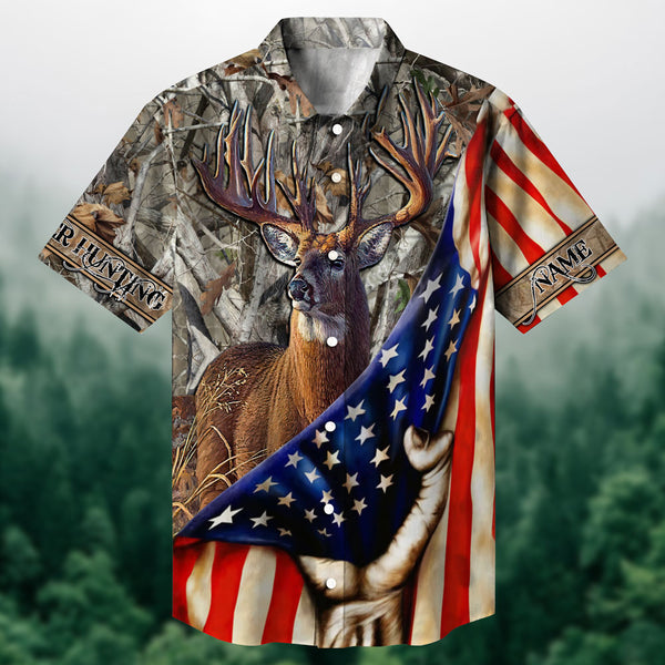 Maxcorners Deer Hunting Pulling US Flag Multicolored Personalized hawaiian shirt HU0113