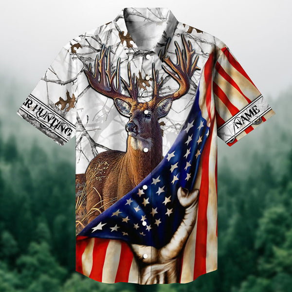 Maxcorners Deer Hunting Pulling US Flag Multicolored Personalized hawaiian shirt HU0113