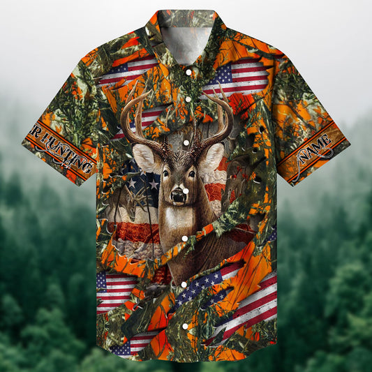 Maxcorners Deer Hunting US Flag Ripped Multicolored Personalized hawaiian shirtHU0113