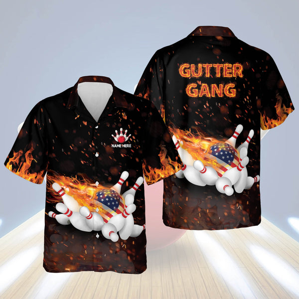 Maxcorners Flame Bowling Gutter Gang Personalized Name Hawaiian Shirt