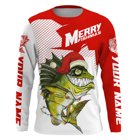 Max Corner Red Merry Fishmas Bass Christmas Fishing  Custom Christmas long sleeve Fishing Shirts Personalized Christmas Fishing gifts