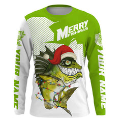 Max Corner Green Merry Fishmas Bass Christmas Fishing Christmas pattern Custom Long sleeve Fishing Shirts Personalized Christmas Fishing gifts