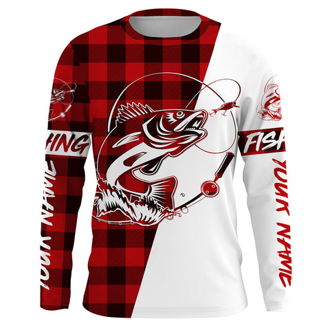 Max Corner Walleye Fishing Red Plaid Custom Long sleeve Fishing Shirts  Personalized Christmas Fishing gifts