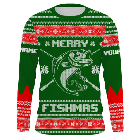 Max Corner Bass Fishing Merry Fishmas Ugly Sweater pattern Custom Long Sleeve Fishing Shirts Personalized Christmas Fishing gifts