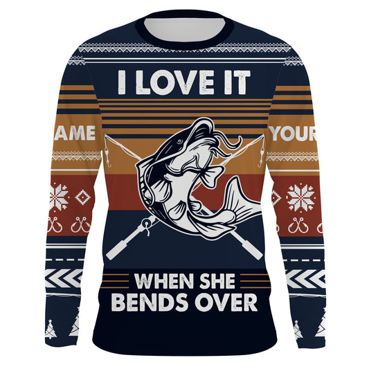 Max Corner I love it when she bends over CatfishUgly Sweater pattern Custom Long Sleeve Fishing Shirts Personalized Christmas Fishing gifts