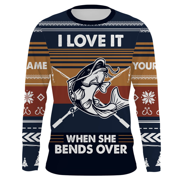 Max Corner I love it when she bends over CatfishUgly Sweater pattern Custom Long Sleeve Fishing Shirts Personalized Christmas Fishing gifts