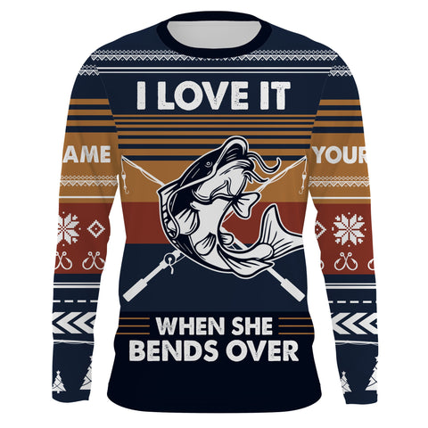 Max Corner I love it when she bends over CatfishUgly Sweater pattern Custom Long Sleeve Fishing Shirts Personalized Christmas Fishing gifts