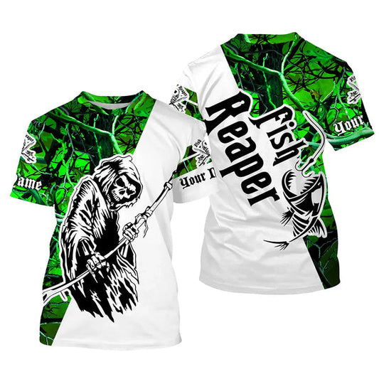 Maxcorner Halloween Fish Reaper Green Camo Custom Name 3D shirt