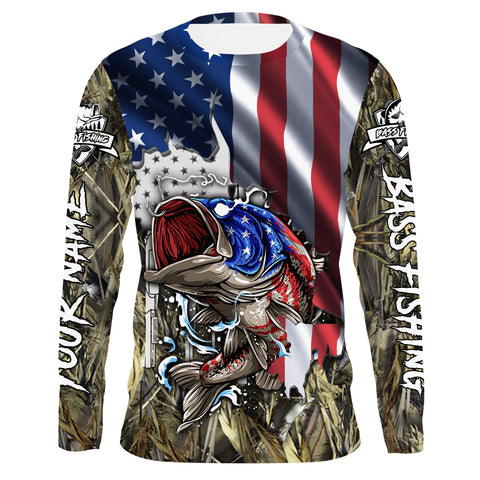 Maxcorners Personalized American Flag Patriotic Largemouth Bass Camo Fishing 3D Shirts