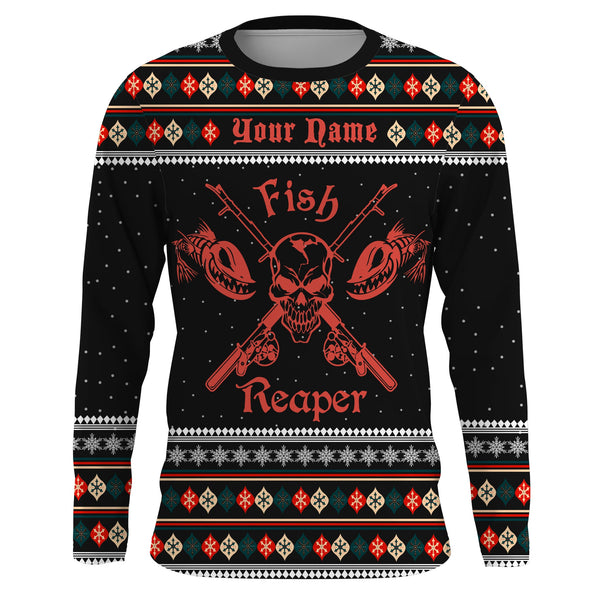 Max Corner Fishing Fish Reaper Ugly Sweater Pattern Custom Long sleeve Fishing Shirts  Personalized Christmas Fishing gifts