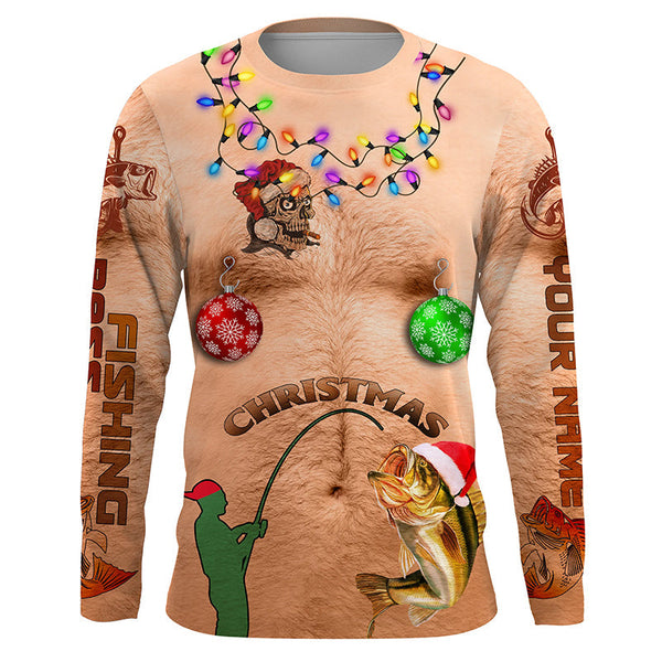 Max Corner Funny Hairy chest ugly Christmas Bass fishing Custom Christmas long sleeve Fishing Shirts Personalized Christmas Fishing gifts